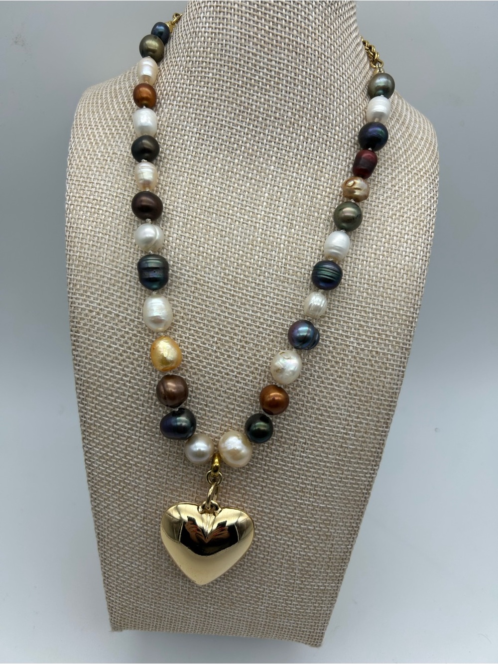 Real Freshwater Pearl Statement Necklace with Gold Heart Pendant